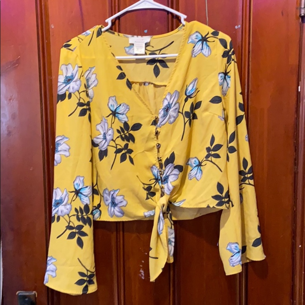 Yellow button up with blue and white flowers